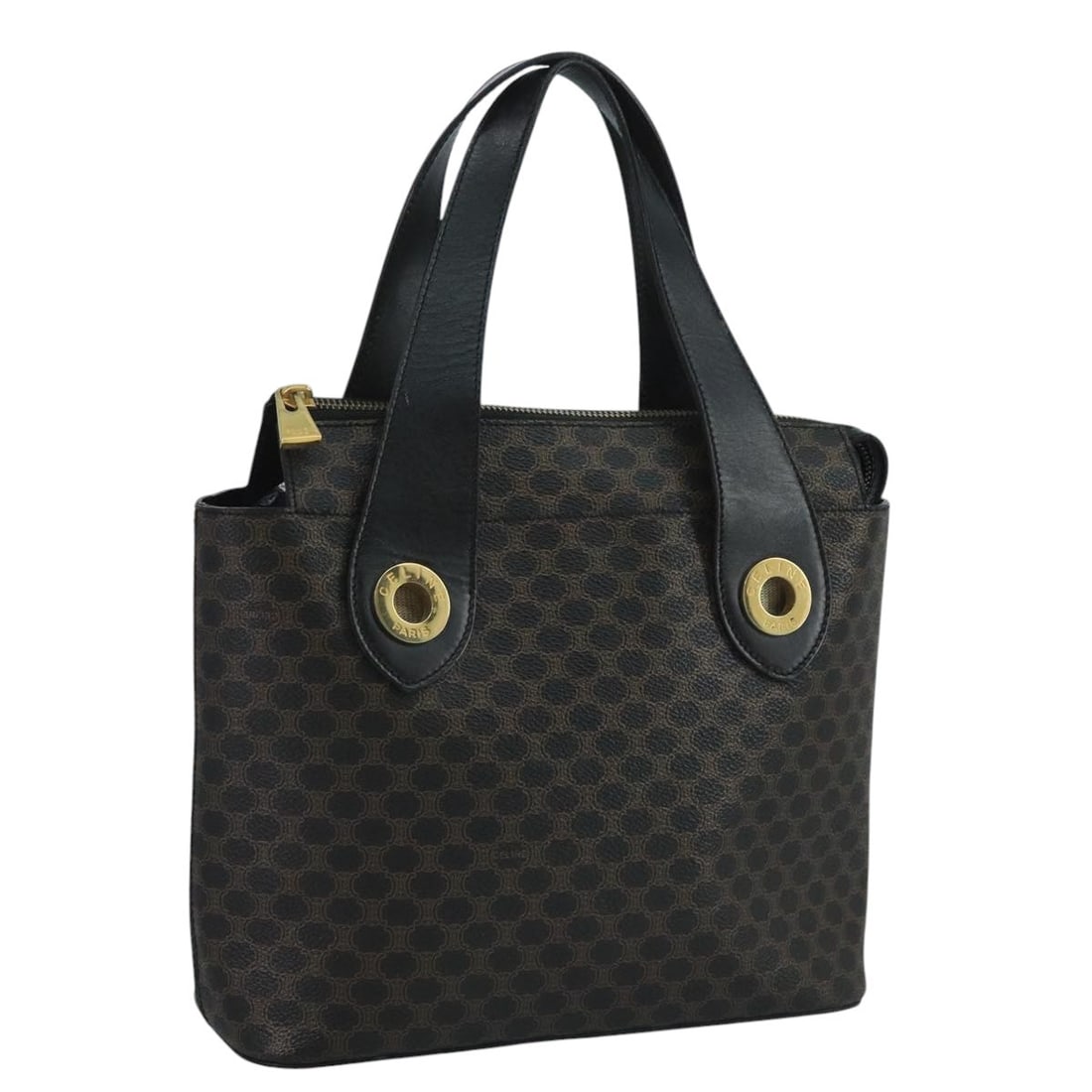 Celine Macadam Black PVC Canvas Top Handle Bag Italy: Celine Macadam Black PVC Canvas Top Handle Bag Italy This CELINE Macadam Canvas hand bag features a black PVC leather exterior with the iconic Macadam pattern. Designed for women, it is made in Italy 