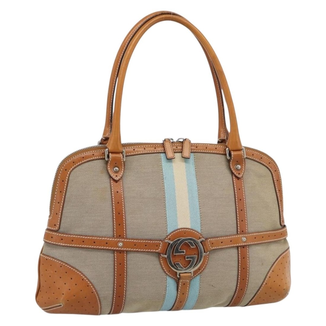 Gucci Sherry Line Beige Canvas Handbag Silver Tone 114887: Gucci Sherry Line Beige Canvas Handbag Silver Tone 114887 Gucci Sherry Line handbag in beige and silver canvas, made in Italy. The bag measures approximately 42 cm W x 30 cm H x 8 cm D, with a handle 