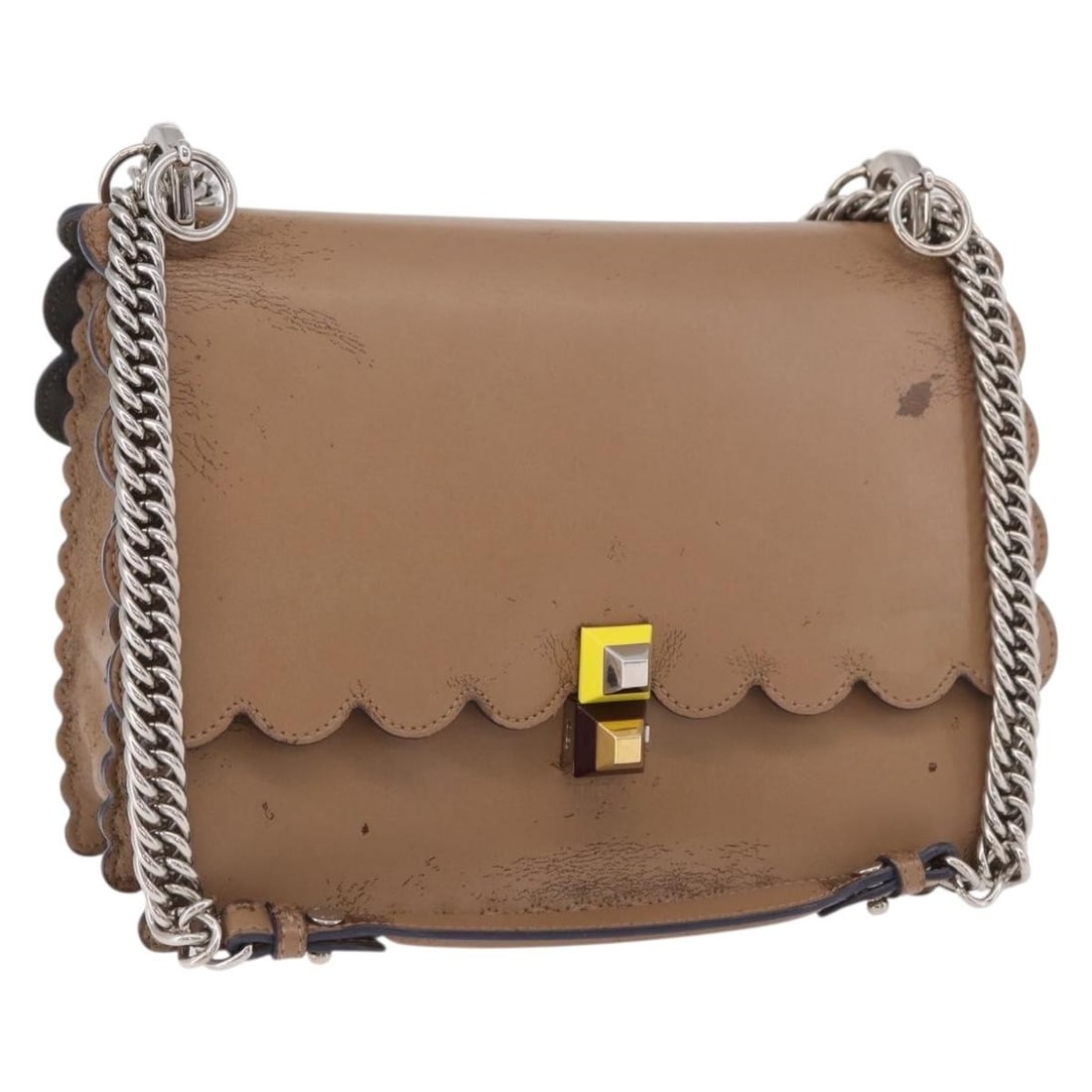 FENDI Canai Leather Shoulder Bag Beige Silver Tone Italy: FENDI Canai Leather Shoulder Bag Beige Silver Tone Italy Fendi Chain Canai shoulder bag in leather with a beige and silver color combination. Made in Italy, this women's shoulder bag measures approxim