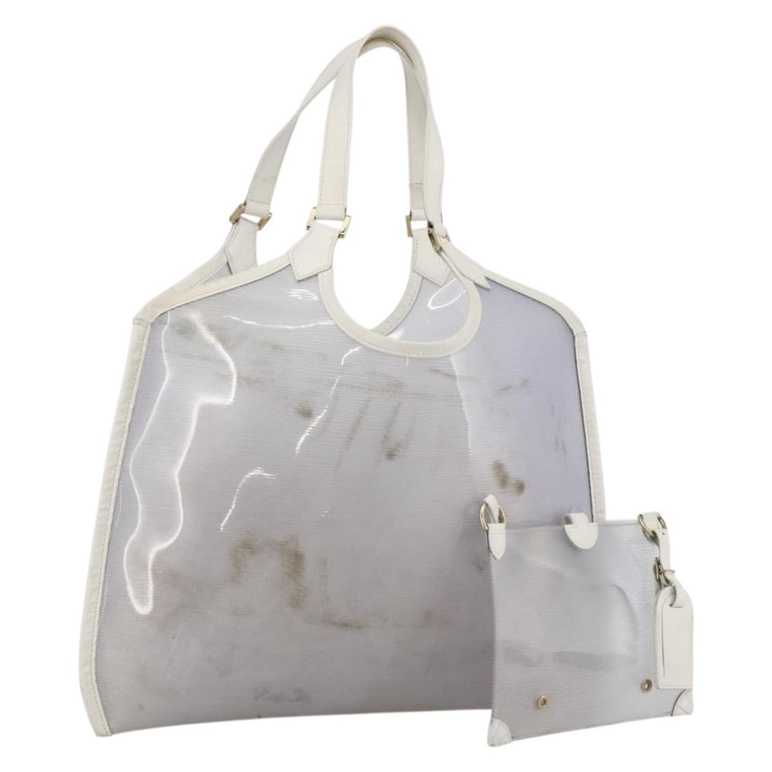 Louis Vuitton M92153 Epi Plage clear white vinyl handbag: Louis Vuitton M92153 Epi Plage clear white vinyl handbag Louis Vuitton Epi Plage Via handbag in clear and white vinyl with Epi leather trim. This women's handbag includes a name tag and pouch. Conditi
