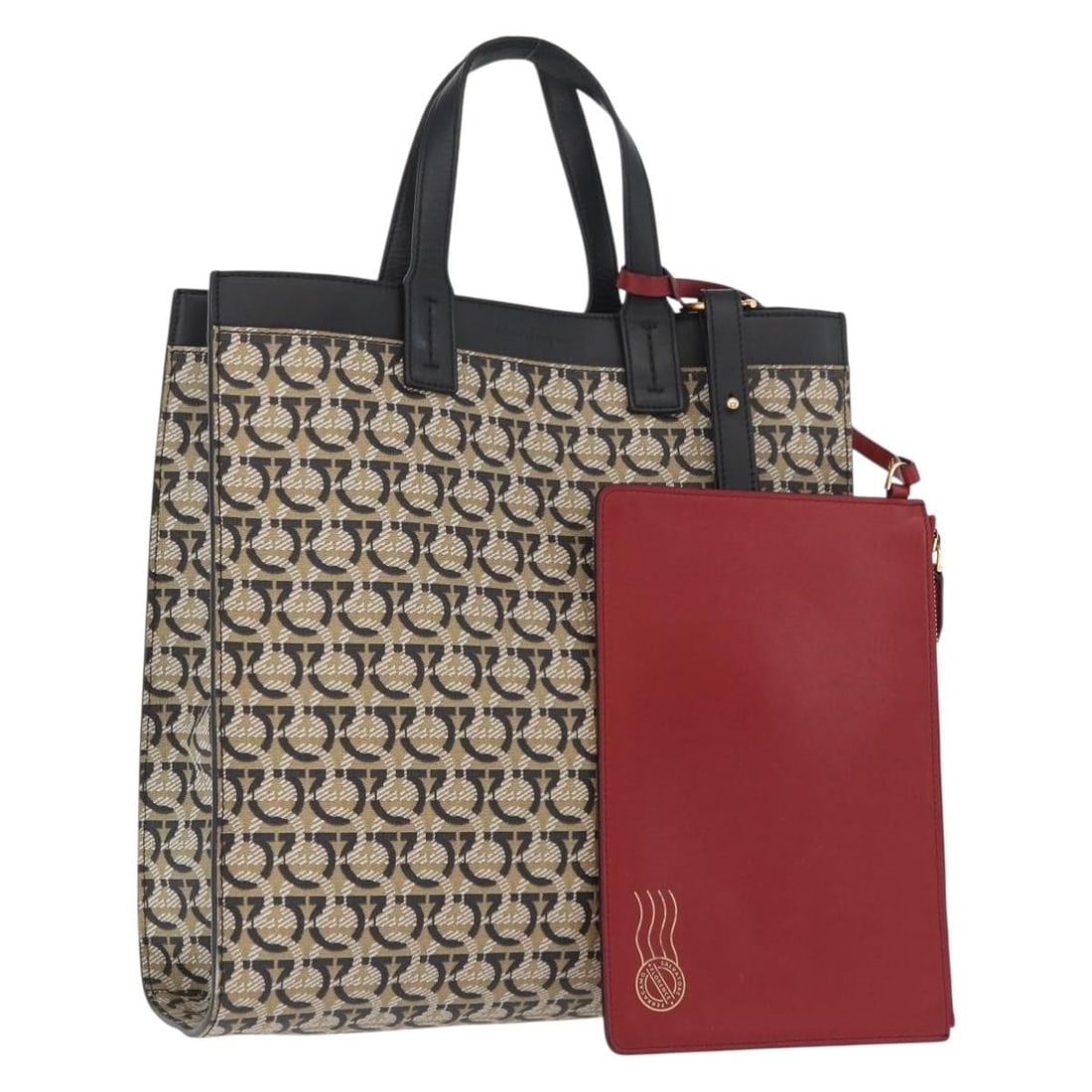 Salvatore Ferragamo Gancini 2way Beige PVC Leather Handbag with Strap Pouch: Salvatore Ferragamo Gancini 2way Beige PVC Leather Handbag with Strap Pouch Salvatore Ferragamo Gancini handbag in beige and gold, made from PVC leather. This 2-way bag comes with a shoulder strap and