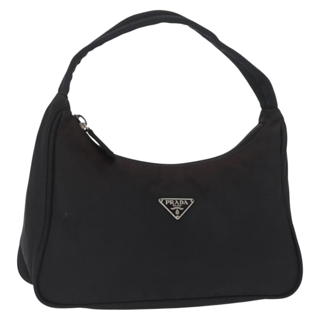 Prada Black Nylon Hand Bag Made in Italy: Prada Black Nylon Hand Bag Made in Italy Black Prada hand bag in nylon, made in Italy. The bag measures approximately 23 cm W x 13 cm H x 6 cm D, with an approximate handle drop of 11 cm (about 9.1 x 