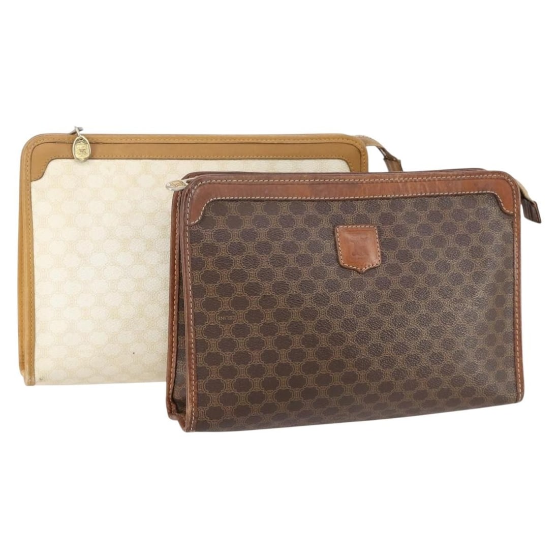 CELINE Macadam Canvas Clutch Bag PVC Leather Set Brown Beige Authentic: CELINE Macadam Canvas Clutch Bag PVC Leather Set Brown Beige Authentic This authentic CELINE Macadam Canvas Clutch Bag is a stylish accessory crafted in Italy. Featuring a blend of brown and beige hue