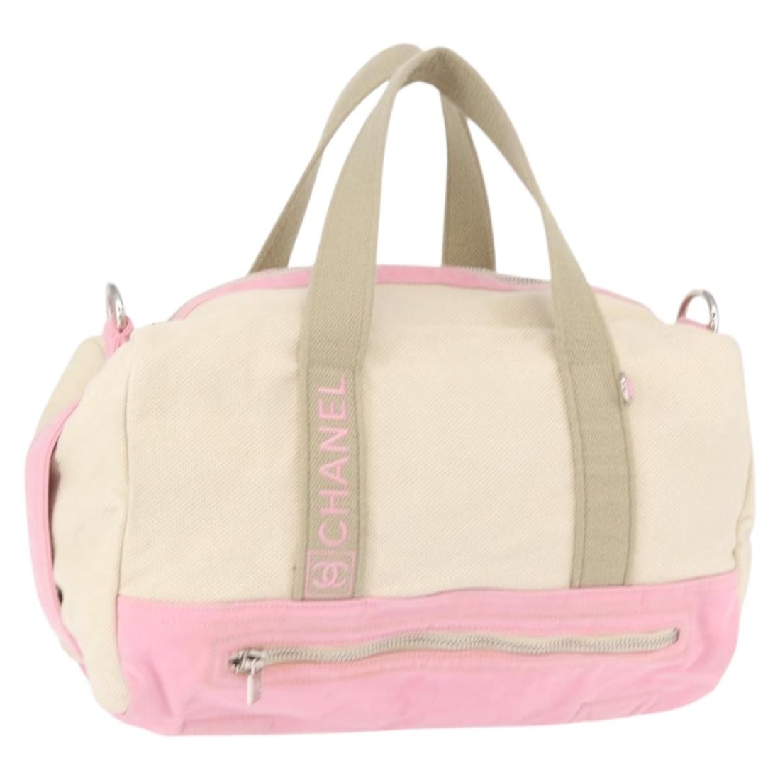 CHANEL Pink Canvas Boston Bag Silver Tone CC Italy: CHANEL Pink Canvas Boston Bag Silver Tone CC Italy Pink and silver CHANEL Boston Bag in canvas, made in Italy. The bag measures approximately W38 cm x H22 cm x D18 cm, with a handle drop of about 20 c