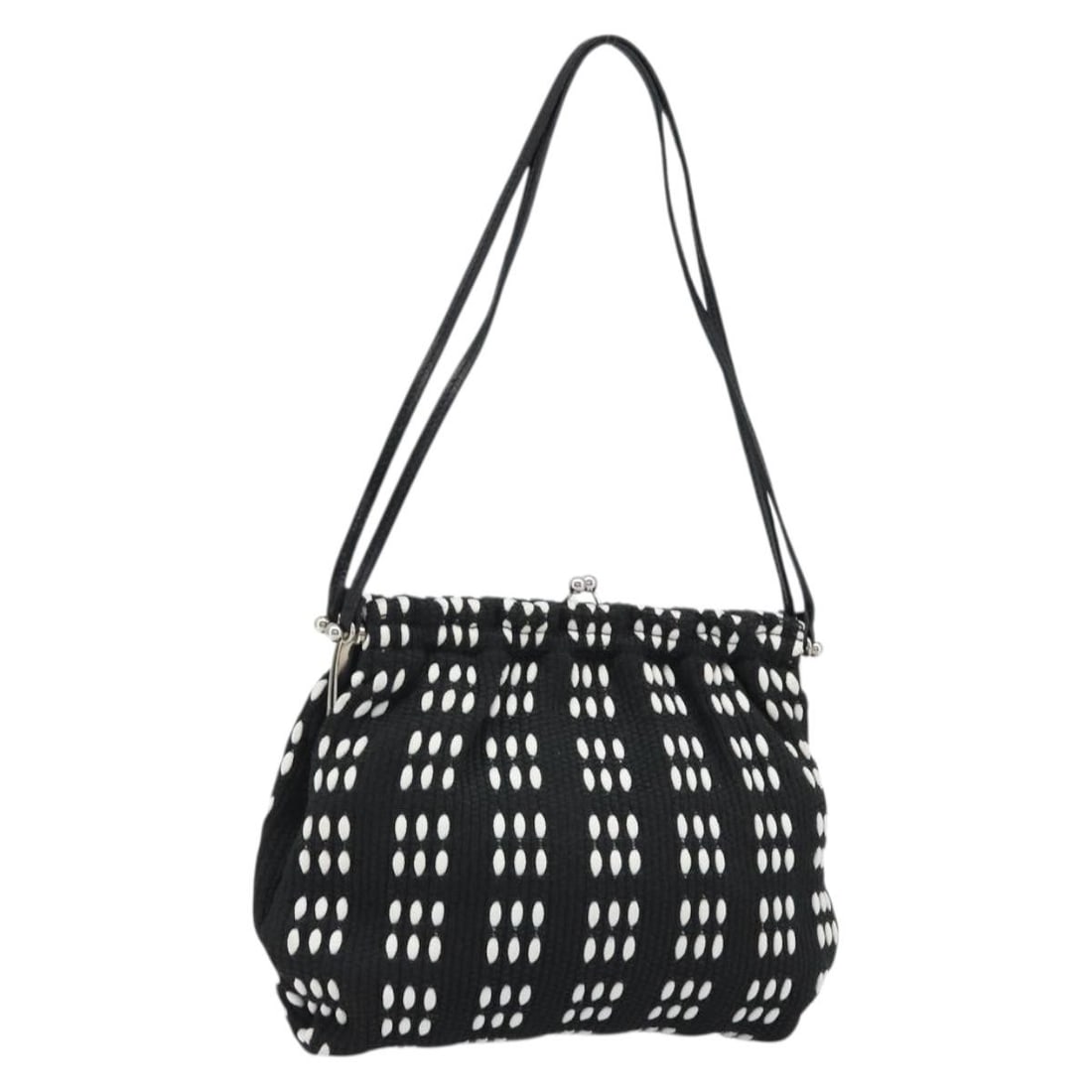 Miu Miu black canvas shoulder bag silver tone Italy: Miu Miu black canvas shoulder bag silver tone Italy Miu Miu shoulder bag in black and silver canvas, made in Italy. This women's bag measures approximately 21 cm wide, 19 cm high, and 3 cm deep, with 