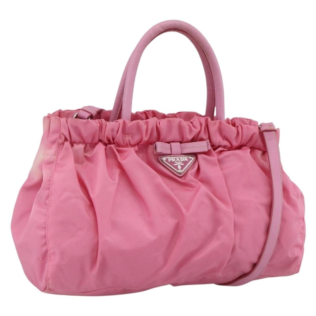 PRADA Ribbon Nylon 2way Handbag Pink Silver with Shoulder Strap: PRADA Ribbon Nylon 2way Handbag Pink Silver with Shoulder Strap Prada women's 2-way handbag in pink and silver nylon with ribbon styling. Made in Italy, this handbag includes a shoulder strap for hand