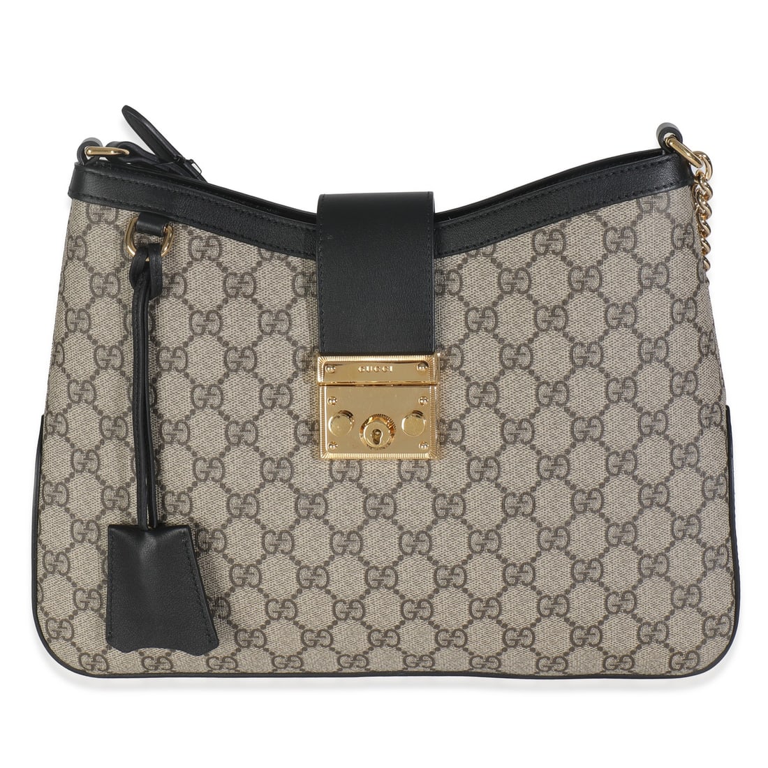 Medium GG Supreme Monogram Canvas Padlock Shoulder Bag by Gucci: Medium GG Supreme Monogram Canvas Padlock Shoulder Bag by Gucci This Gucci Medium Padlock Shoulder Bag features the iconic beige and black GG Supreme monogram canvas. Designed for unisex use, it offer