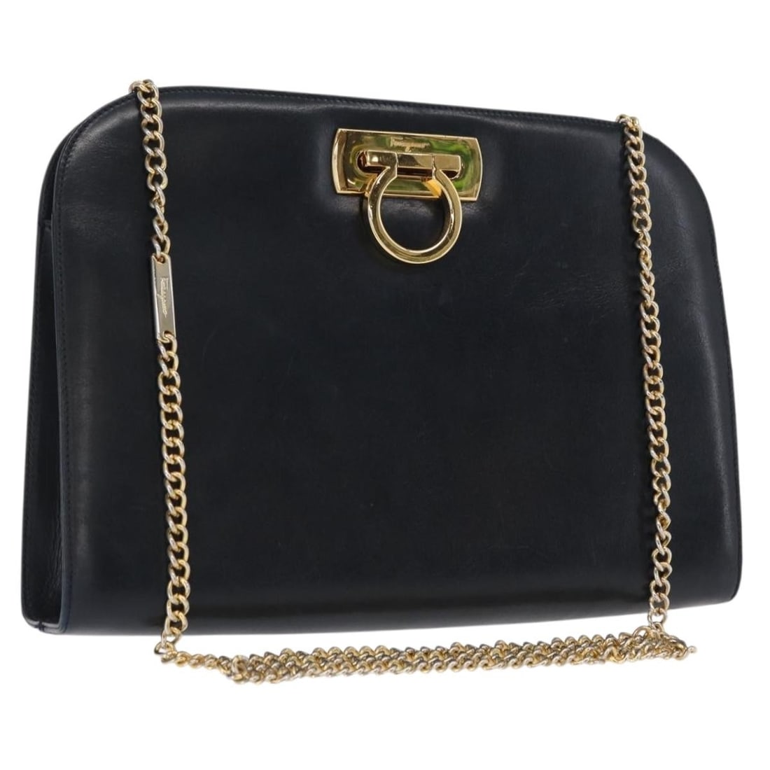 Leather Shoulder Bag Salvatore Ferragamo Gancini Navy Gold Tone: Leather Shoulder Bag Salvatore Ferragamo Gancini Navy Gold Tone Salvatore Ferragamo Gancini chain shoulder bag in navy and gold leather. Made in Italy, this shoulder bag measures approximately W28 x H