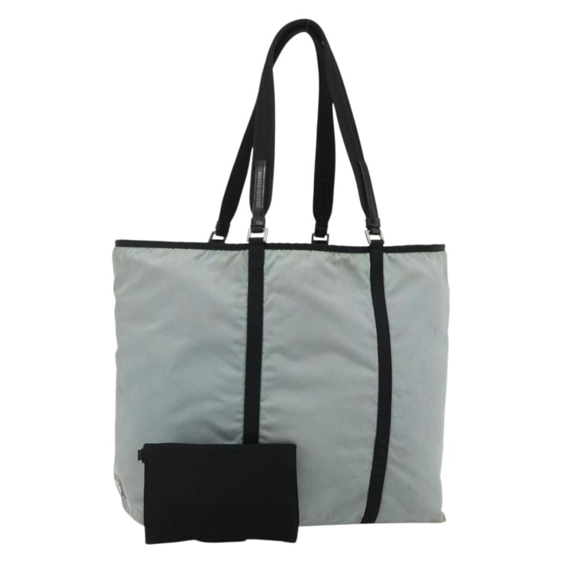 Prada nylon light blue silver women tote bag with card and pouch: Prada nylon light blue silver women tote bag with card and pouch This PRADA tote bag is crafted from light blue nylon with silver accents, offering a spacious and practical design. Made in Italy, it f