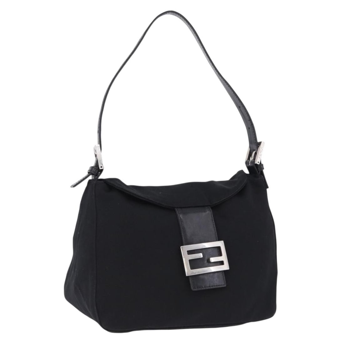 Fendi Mamma Baguette black cotton jersey shoulder bag silver tone: Fendi Mamma Baguette black cotton jersey shoulder bag silver tone FENDI Mamma Baguette shoulder bag in black and silver, made from cotton jersey and made in Italy. This pre-owned bag is offered in hea