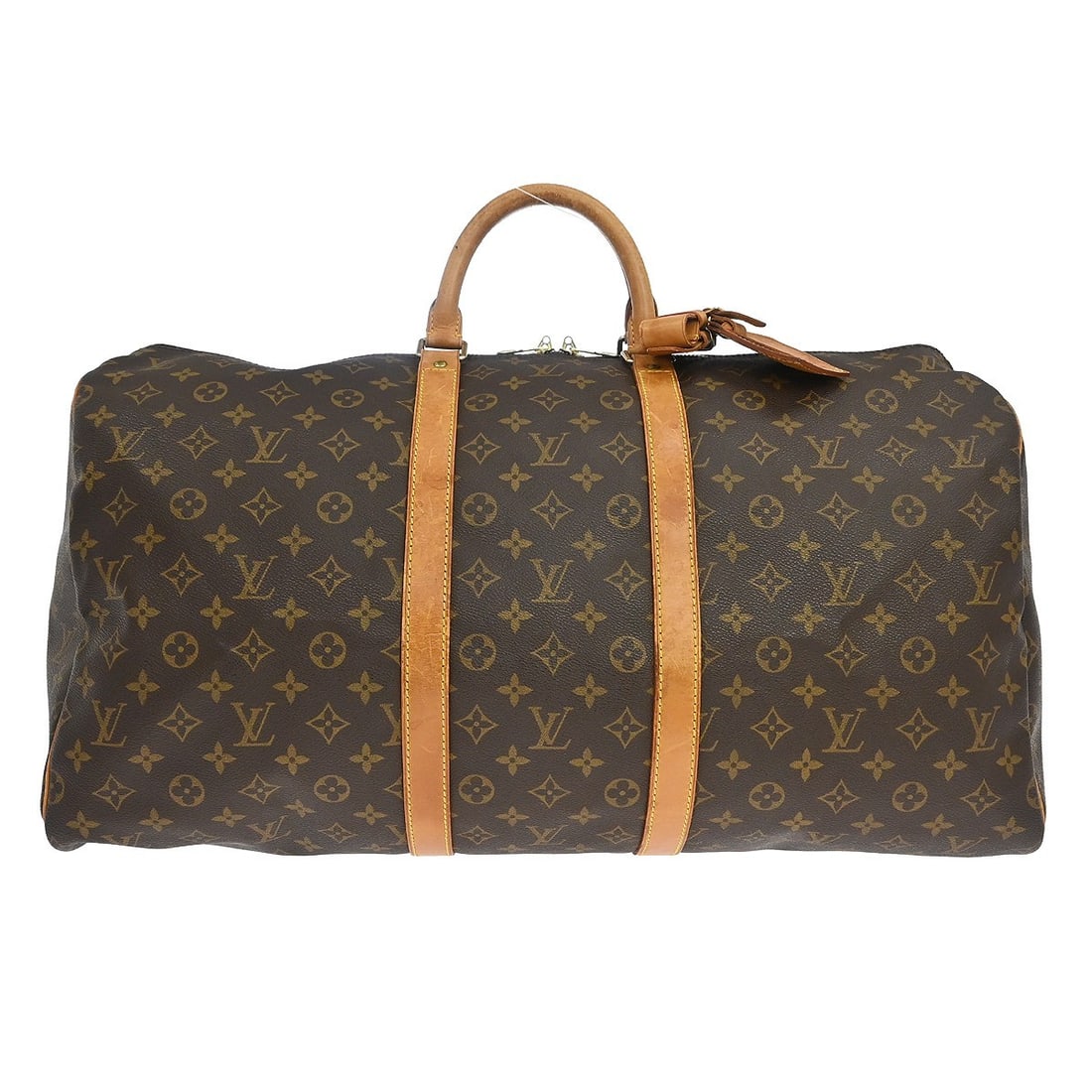Louis Vuitton Keepall 55 Monogram Canvas Duffle Bag M41424: Louis Vuitton Keepall 55 Monogram Canvas Duffle Bag M41424 Vintage Louis Vuitton Keepall 55 travel handbag in Monogram canvas and leather with double handles and zip closure. This unisex duffle style 