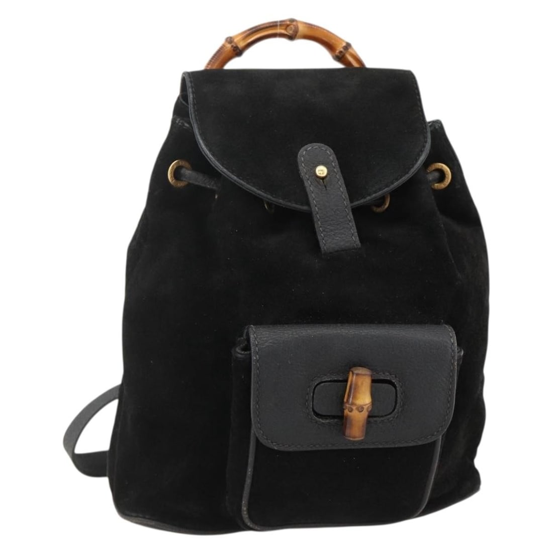 Gucci Bamboo Suede Backpack Black Gold Tone 003 1998 0030: Gucci Bamboo Suede Backpack Black Gold Tone 003 1998 0030 A Gucci Bamboo backpack in black and gold suede, made in Italy. The item is identified by product number 003 1998 0030 and serial number 003.1