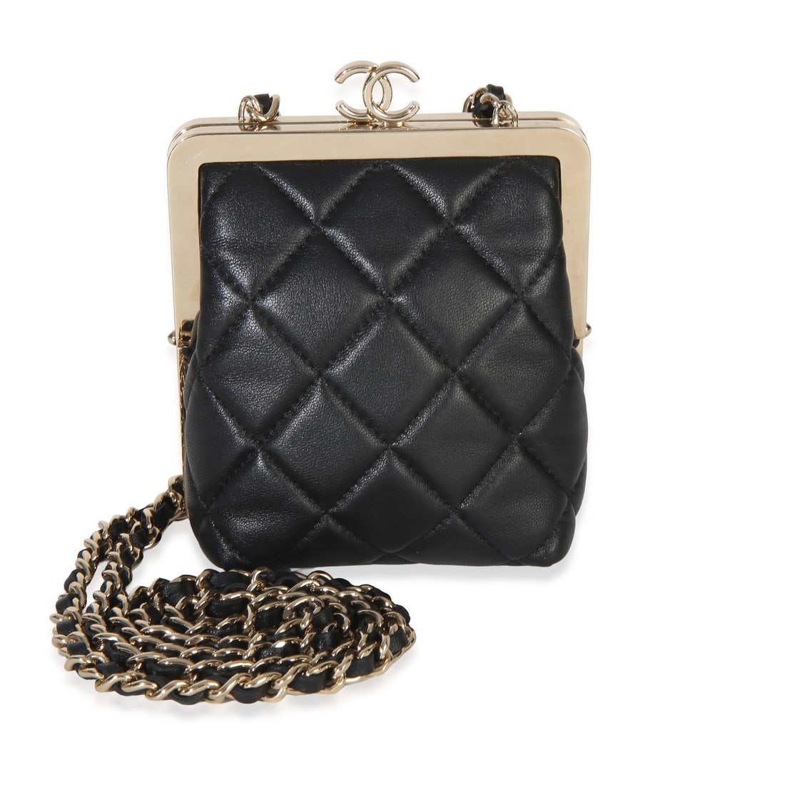 Chanel CC Frame Clutch With Chain Black Quilted Lambskin Bag: Chanel CC Frame Clutch With Chain Black Quilted Lambskin Bag Black quilted lambskin clutch with chain in a frame style, featuring a kiss lock closure and gold-tone hardware. It has a fabric lining in 