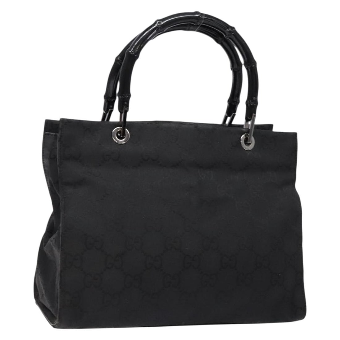 GUCCI GG Canvas Nylon Hand Bag Black Silver 002 1016 Made in Italy: GUCCI GG Canvas Nylon Hand Bag Black Silver 002 1016 Made in Italy This authentic GUCCI GG Canvas Bamboo Hand Bag features a stylish black and silver color scheme, crafted from high-quality nylon. Des
