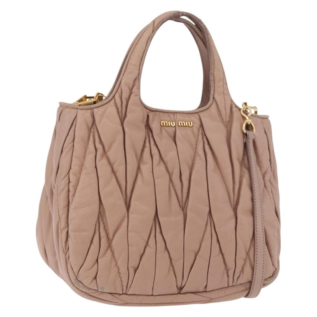 Miu Miu Matelasse 2way Leather Handbag Beige Gold Shoulder Strap: Miu Miu Matelasse 2way Leather Handbag Beige Gold Shoulder Strap Miu Miu Matelasse leather handbag in beige with gold-tone accents. This 2-way style includes a shoulder strap and was made in Turkey. T