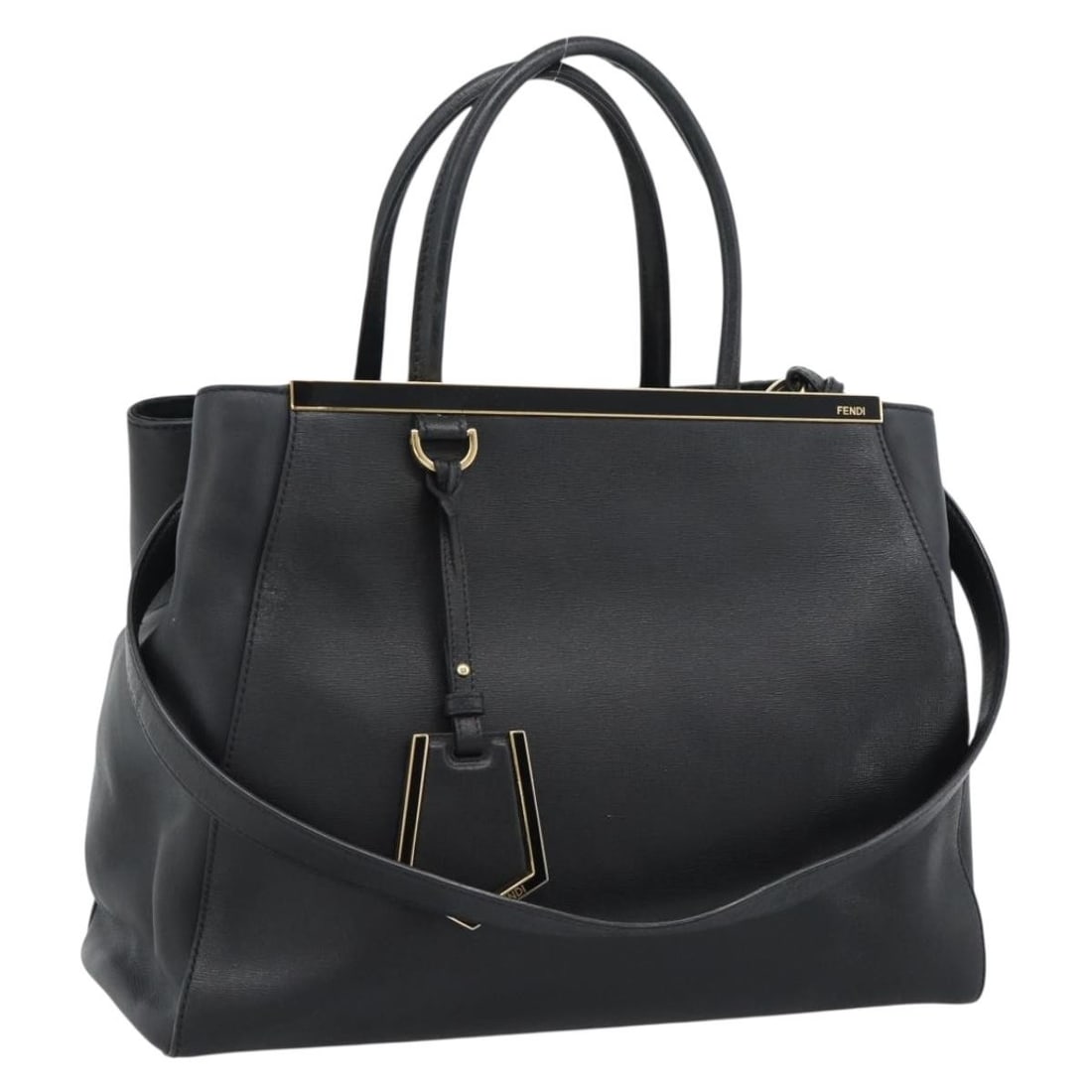 Fendi 2way Leather Tote Bag Black with Gold Tone Strap Charm: Fendi 2way Leather Tote Bag Black with Gold Tone Strap Charm Fendi tote bag in black leather with gold-tone accents. This 2-way bag includes a shoulder strap and charm, and was made in Italy. The item