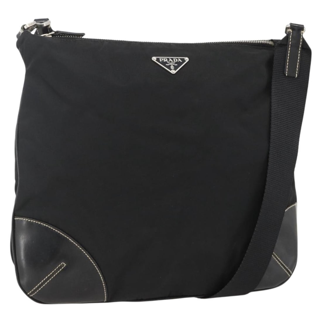 Prada Black Nylon Shoulder Purse with Silver Tone Accents and Guarantee Card: Prada Black Nylon Shoulder Purse with Silver Tone Accents and Guarantee Card This Prada shoulder bag is crafted from black nylon with silver-tone accents and is designed for women. Made in Italy, it f