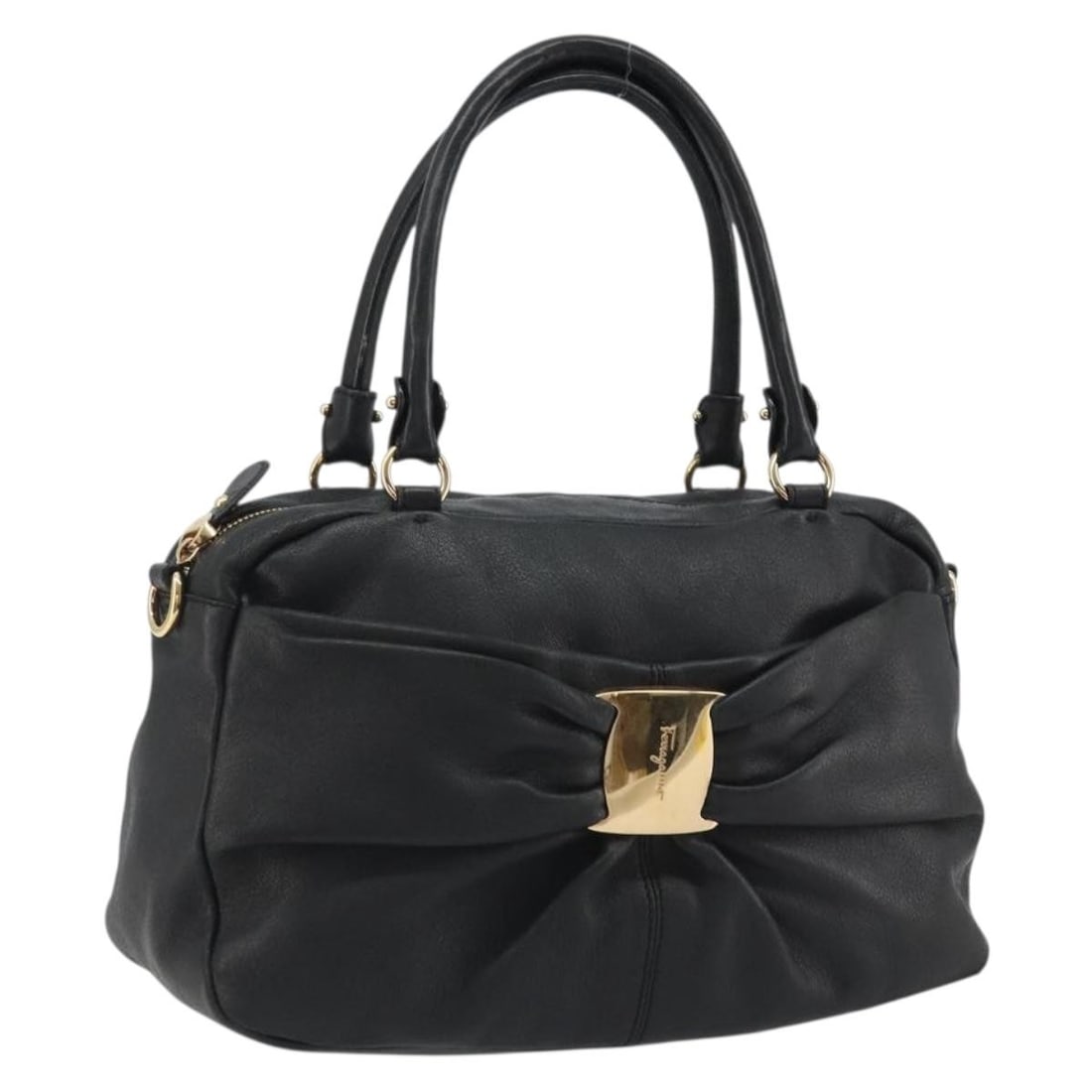 Salvatore Ferragamo Vala Black Leather Handbag Gold Tone Hardware: Salvatore Ferragamo Vala Black Leather Handbag Gold Tone Hardware Salvatore Ferragamo Vala Hand Bag in leather with a black and gold color scheme. This women's handbag was made in Italy and features a