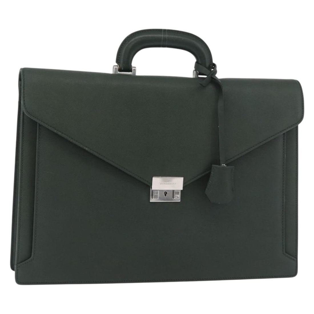 Burberry Green Leather Business Bag with Key and Clochette: Burberry Green Leather Business Bag with Key and Clochette Burberry business bag in leather with a green and silver color scheme. Designed for women, it was made in Italy and comes with one key and a 