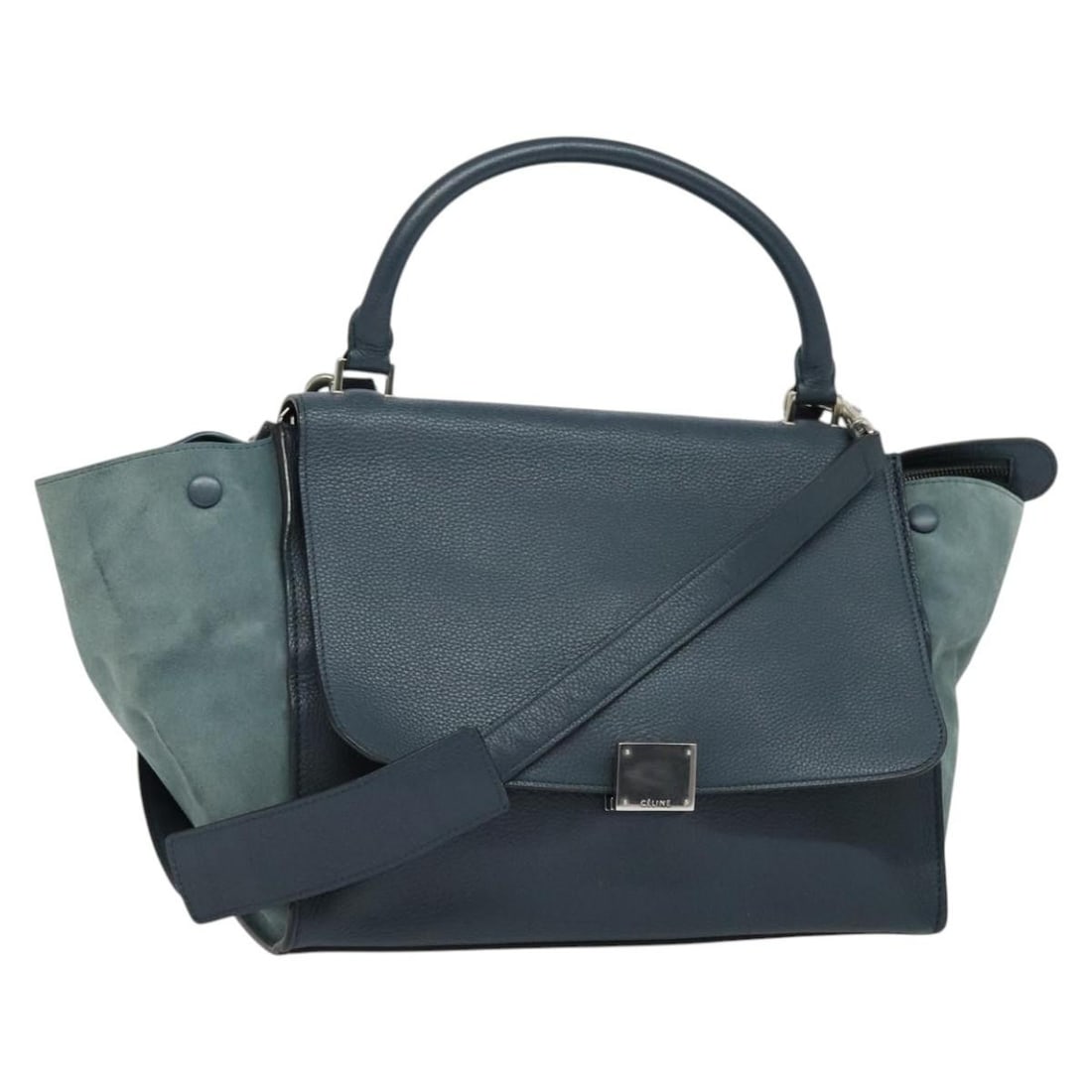 CELINE Trapeze 2way leather handbag blue silver with shoulder strap: CELINE Trapeze 2way leather handbag blue silver with shoulder strap This CELINE Trapeze handbag is crafted from leather in a blue and silver colorway and comes with a shoulder strap for 2-way carrying