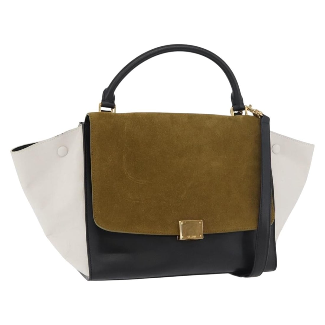 CELINE Trapeze 2way Suede Handbag Black Khaki with Shoulder Strap: CELINE Trapeze 2way Suede Handbag Black Khaki with Shoulder Strap CELINE Trapeze Hand Bag in suede leather with a black and khaki exterior. This women's hand bag is made in Italy and includes a should