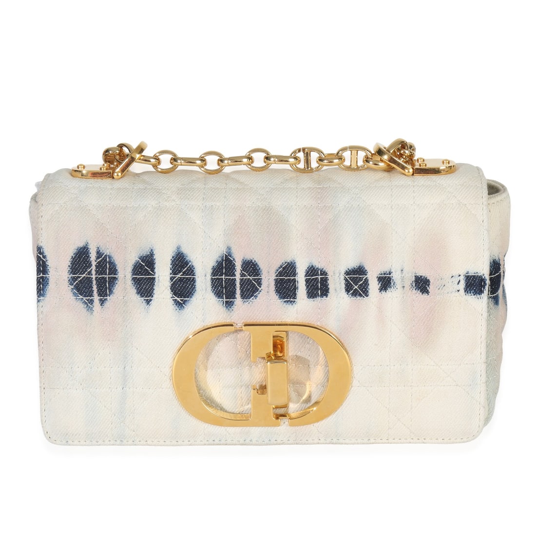 Christian Dior Cannage Small Caro denim crossbody shoulder bag tie dye: Christian Dior Cannage Small Caro denim crossbody shoulder bag tie dye A pre-owned Christian Dior Cannage Small Caro chain bag in multicolor tie-dye denim with a gold-tone turnlock closure. This unise