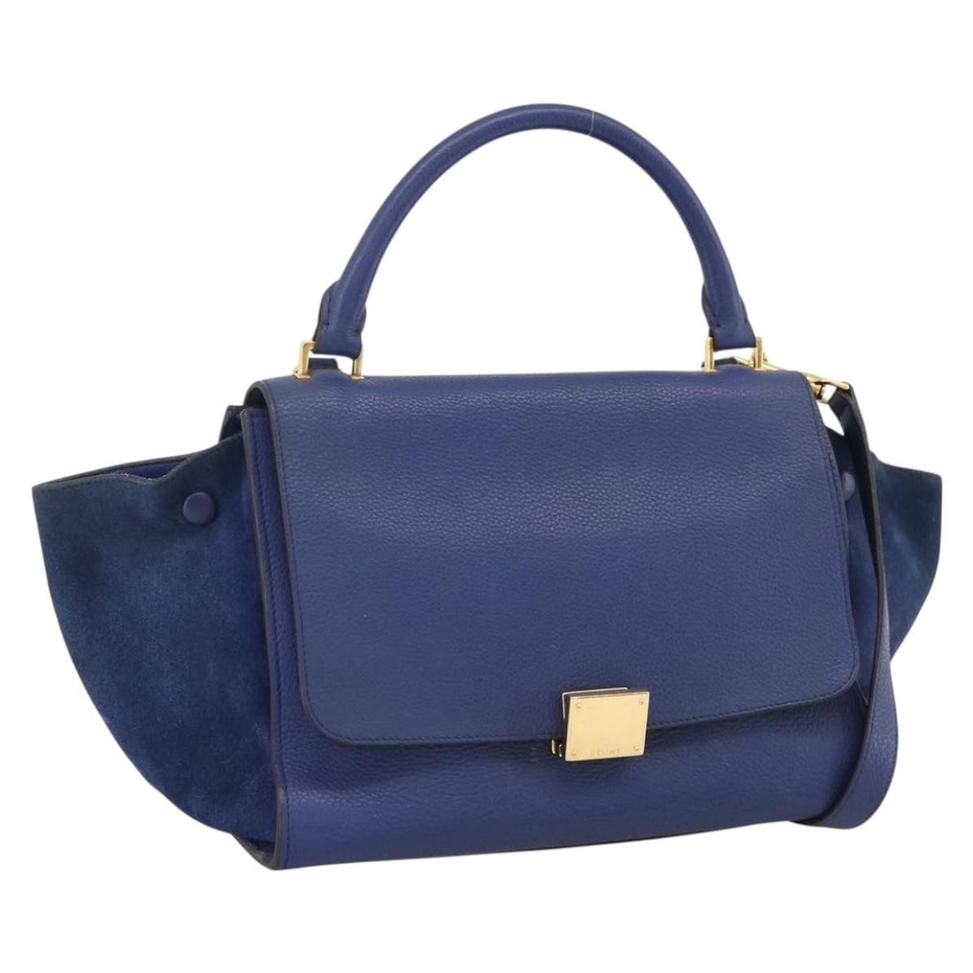 CELINE Trapeze 2way Handbag Blue Leather Suede with Shoulder Strap: CELINE Trapeze 2way Handbag Blue Leather Suede with Shoulder Strap CELINE Trapeze Hand Bag in blue and gold with a leather construction and 2-way design. It comes with a shoulder strap and was made in