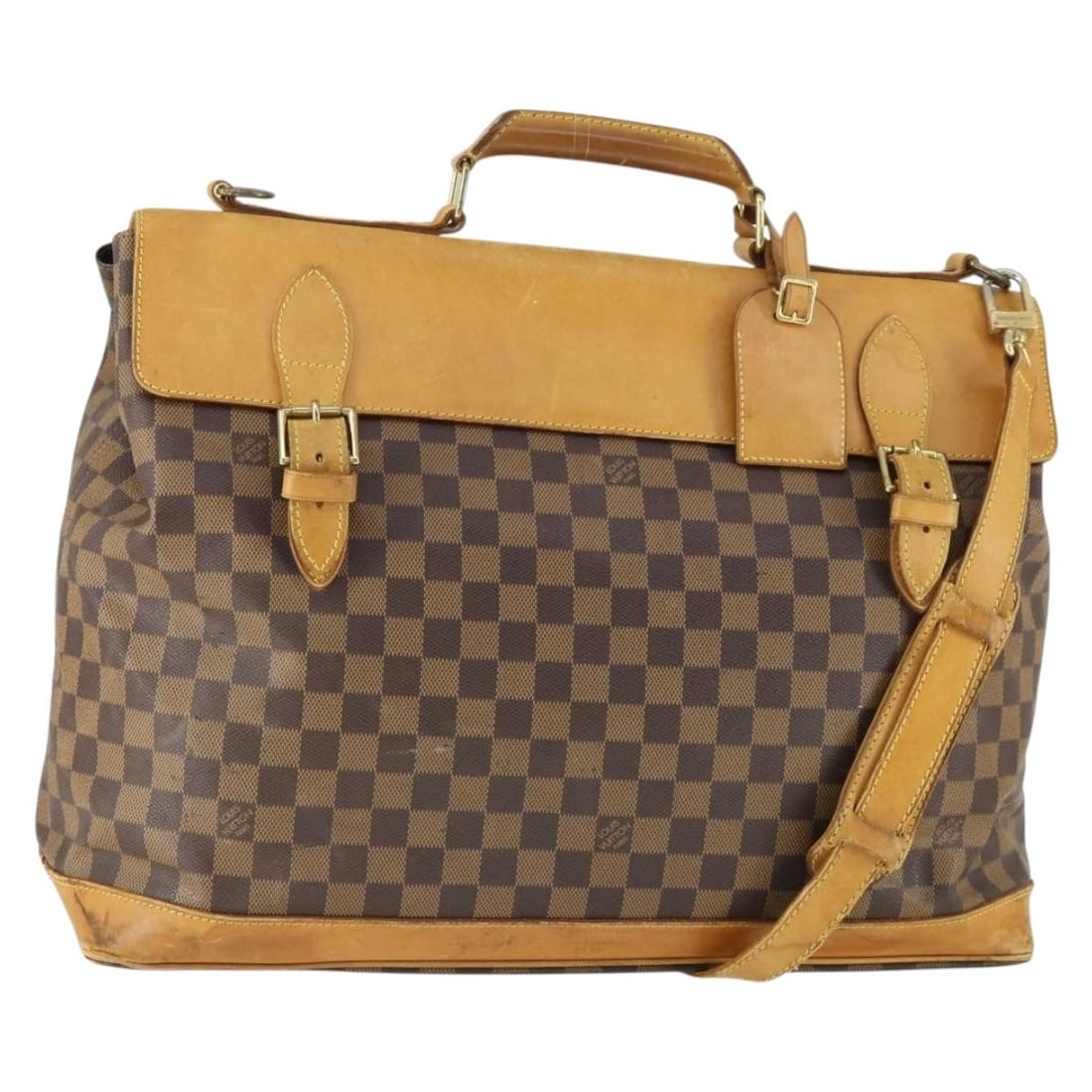 Louis Vuitton Damier Ebene Canvas Clipper Boston Bag with Strap and Name Tag: Louis Vuitton Damier Ebene Canvas Clipper Boston Bag with Strap and Name Tag This is a Louis Vuitton Clipper Boston bag in Damier Ebene canvas, designed for versatile use with both hand-carry and shou