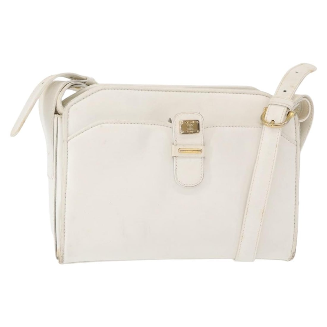 CELINE White Gold Leather Shoulder Bag Auth 151815 Italy: CELINE White Gold Leather Shoulder Bag Auth 151815 Italy Presenting a stylish CELINE Shoulder Bag crafted from premium leather in an elegant white and gold color scheme. This chic accessory is not onl