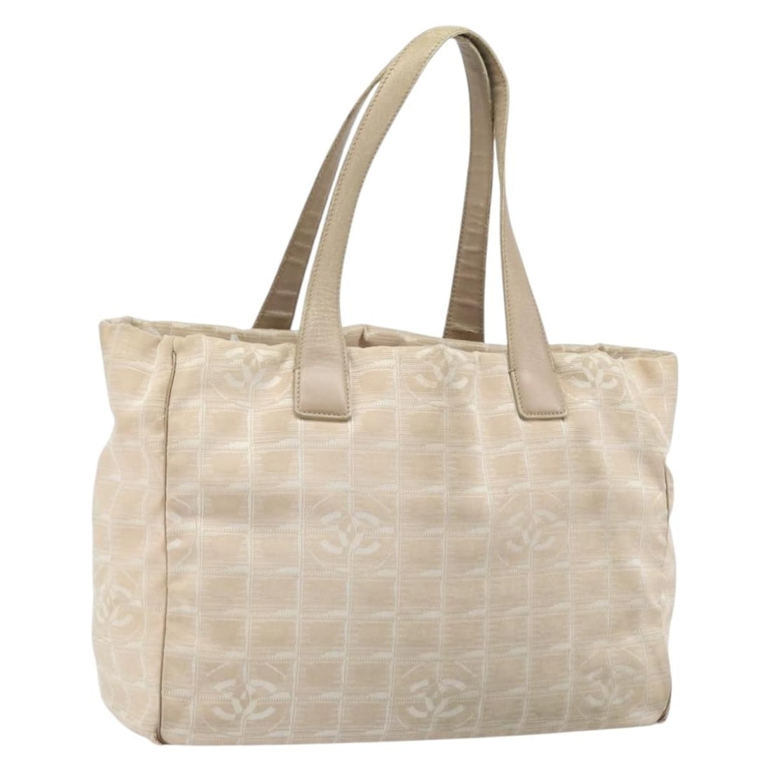 Chanel Beige Nylon New Travel Line Women's Tote Bag with Gold CC: Chanel Beige Nylon New Travel Line Women's Tote Bag with Gold CC This CHANEL Travel Line tote bag is crafted from beige and gold nylon, designed for women. Made in Italy, it features dual top handles 