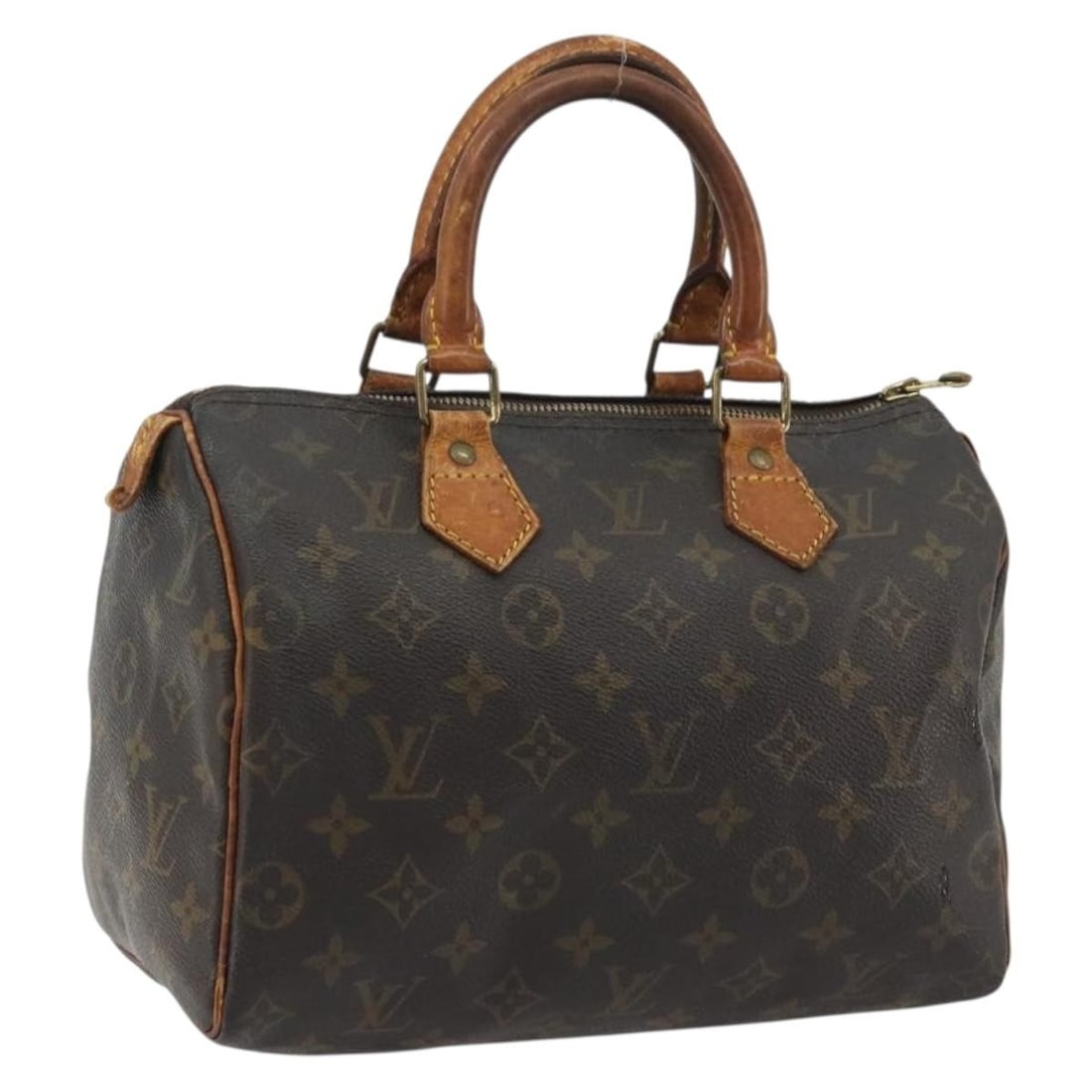 Louis Vuitton M41528 Speedy 25 Monogram Canvas Handbag: Louis Vuitton M41528 Speedy 25 Monogram Canvas Handbag Louis Vuitton Monogram Speedy 25 handbag in Monogram Canvas, made in France. The item is in heavily used condition with notable wear throughout, 