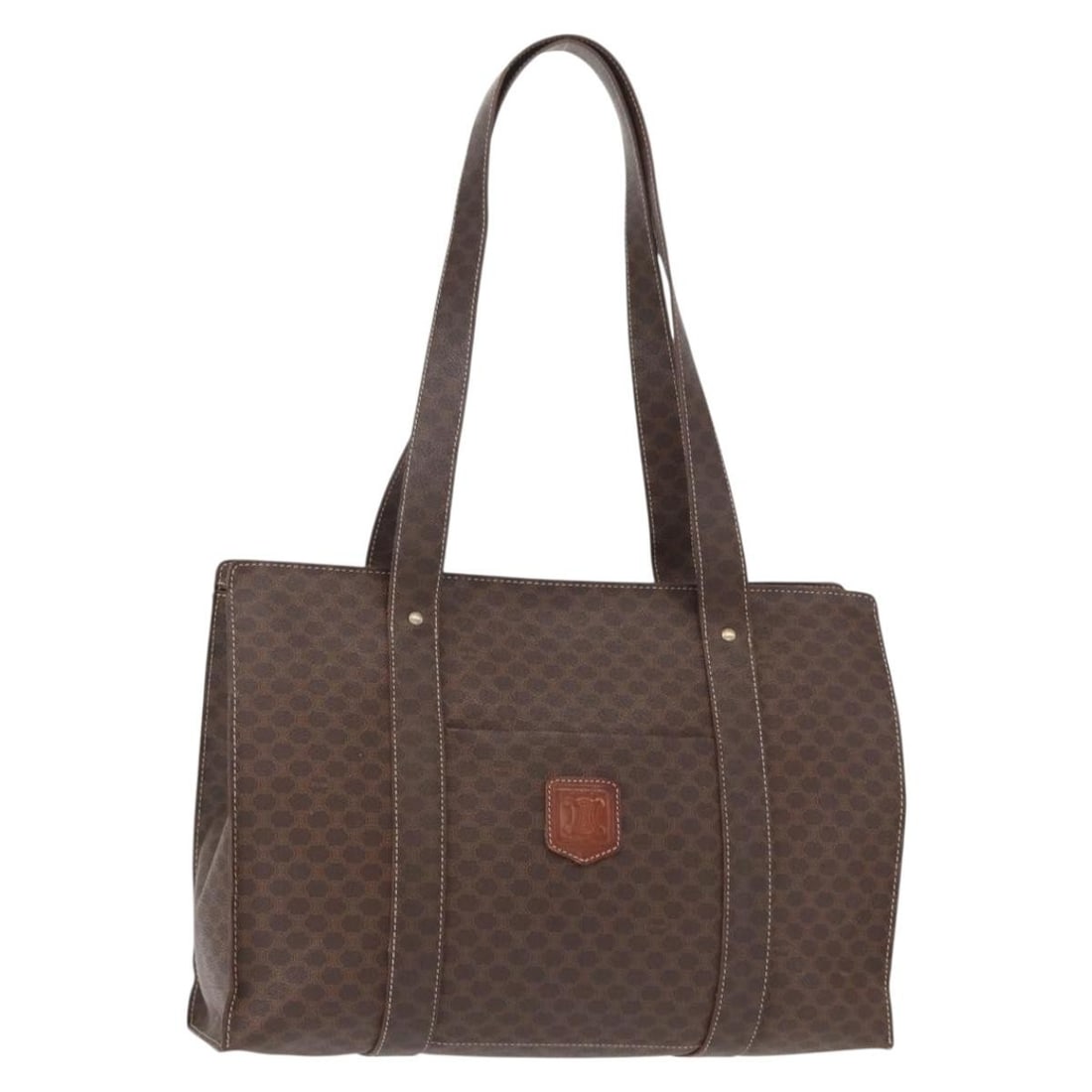 CELINE Brown Gold Macadam Canvas Shoulder Bag PVC Leather Italy Auth: CELINE Brown Gold Macadam Canvas Shoulder Bag PVC Leather Italy Auth This CELINE Macadam Canvas Shoulder Bag exemplifies Italian craftsmanship, combining PVC leather with the iconic Macadam canvas. Th