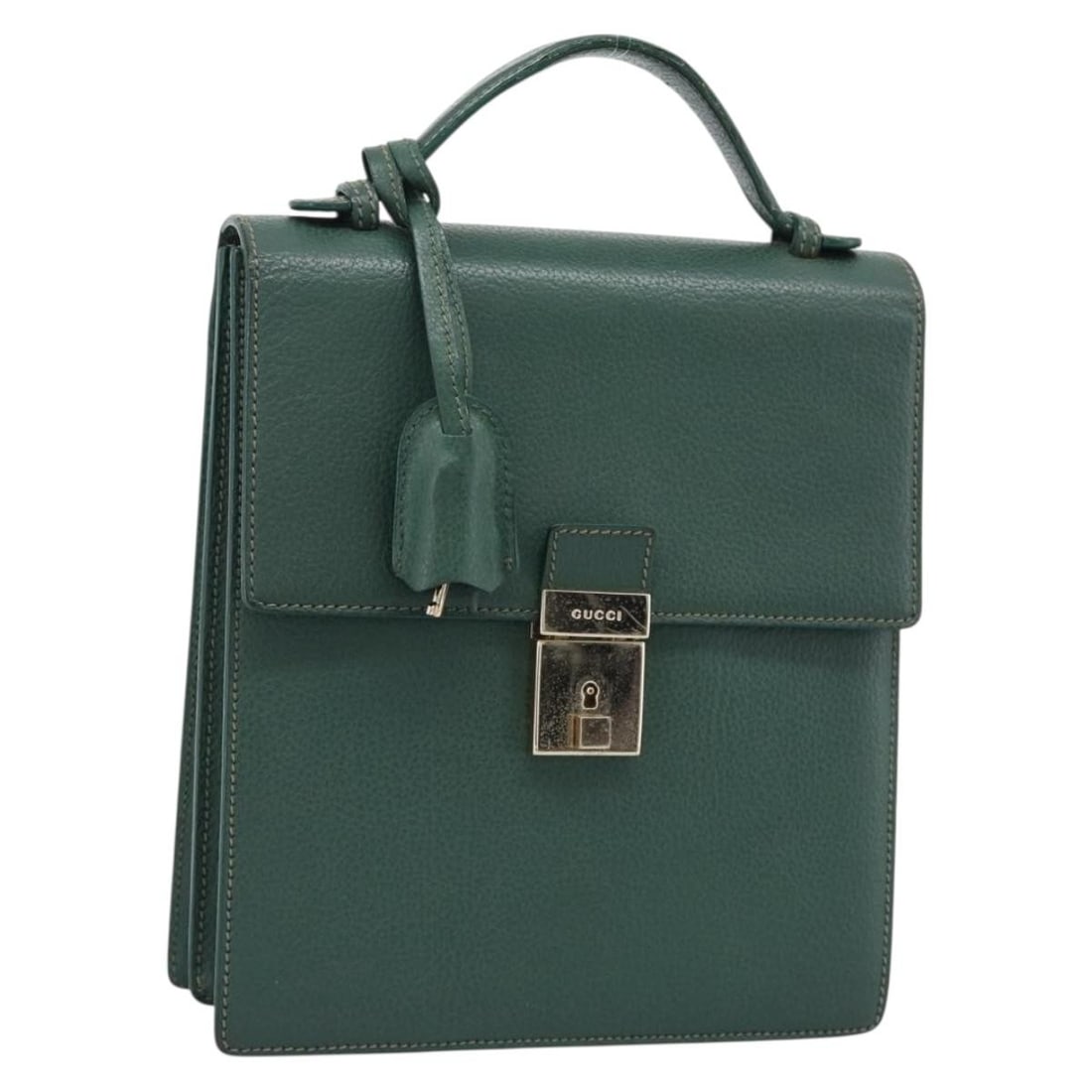 Gucci Leather Handbag in Green with Gold Tone Hardware: Gucci Leather Handbag in Green with Gold Tone Hardware This Gucci leather hand bag comes in green with gold-tone hardware and was made in Italy. It includes two keys and a clochette. The bag is noted 