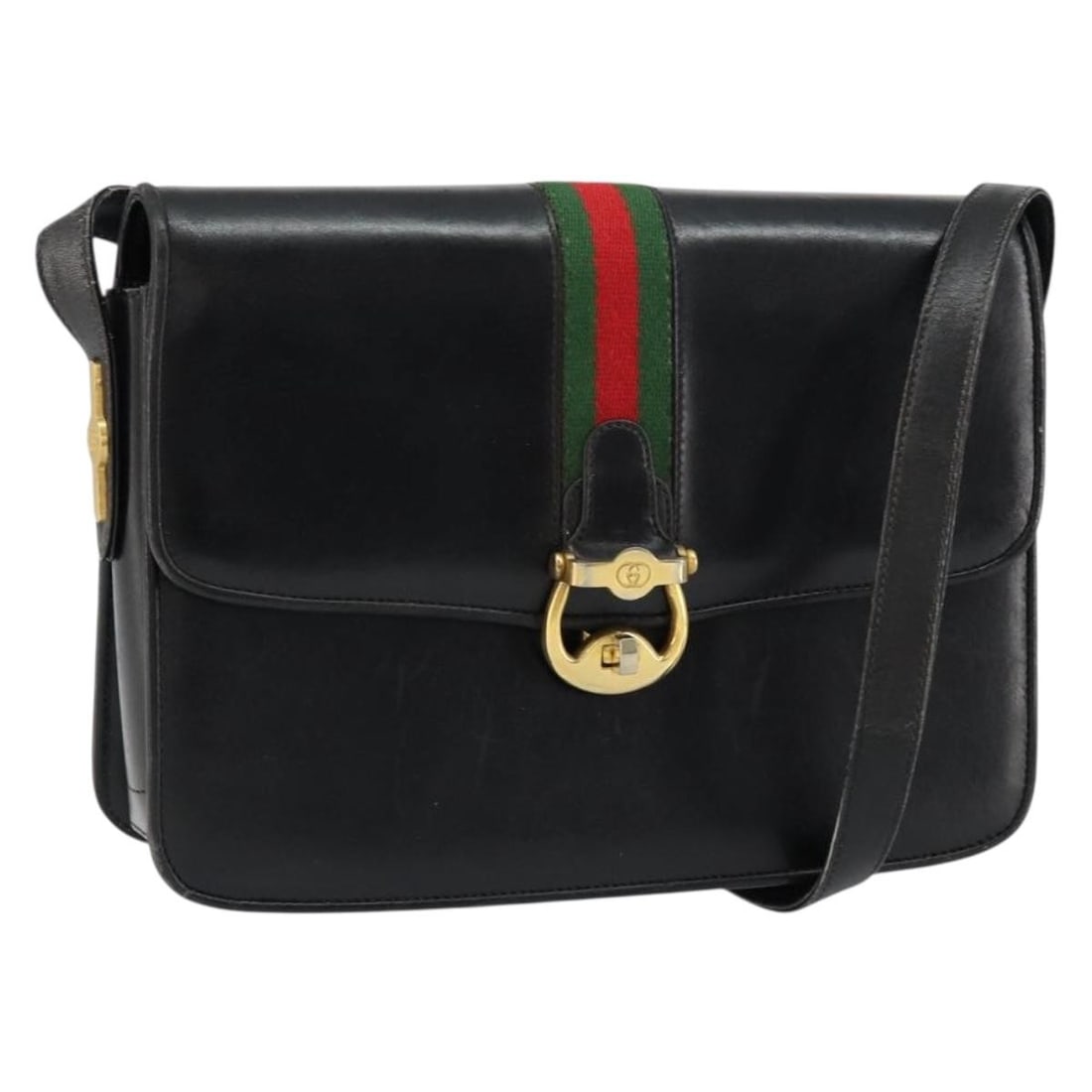 Gucci Sherry Line Black Leather Shoulder Bag Gold Accents Italy: Gucci Sherry Line Black Leather Shoulder Bag Gold Accents Italy This GUCCI Web Sherry Line shoulder bag is crafted from black leather with gold-tone accents. Made in Italy, the bag features a structur
