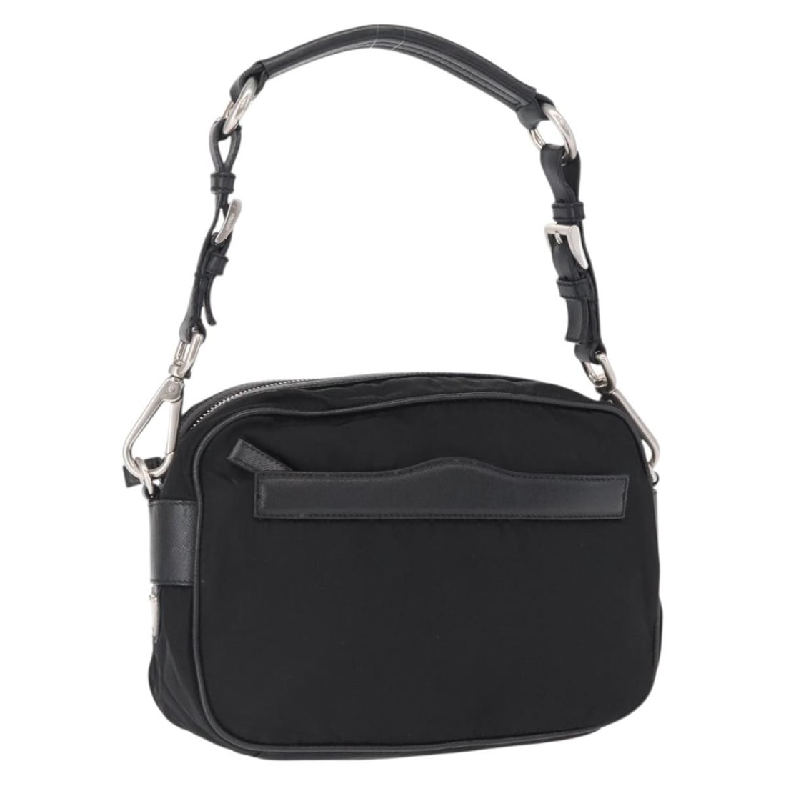 PRADA Black Nylon Shoulder Bag with Silver Tone Hardware Guarantee Card: PRADA Black Nylon Shoulder Bag with Silver Tone Hardware Guarantee Card Black nylon shoulder bag with silver-tone details. It comes with a guarantee card and was made in Italy. The bag shows heavy use