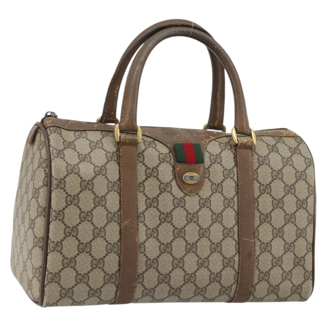 Gucci Sherry Line GG Supreme PVC Handbag Beige Gold 98 02 007: Gucci Sherry Line GG Supreme PVC Handbag Beige Gold 98 02 007 A Gucci Sherry Line hand bag in beige and gold, made from PVC leather and GG canvas. It features a handle drop of approximately 9 cm and w