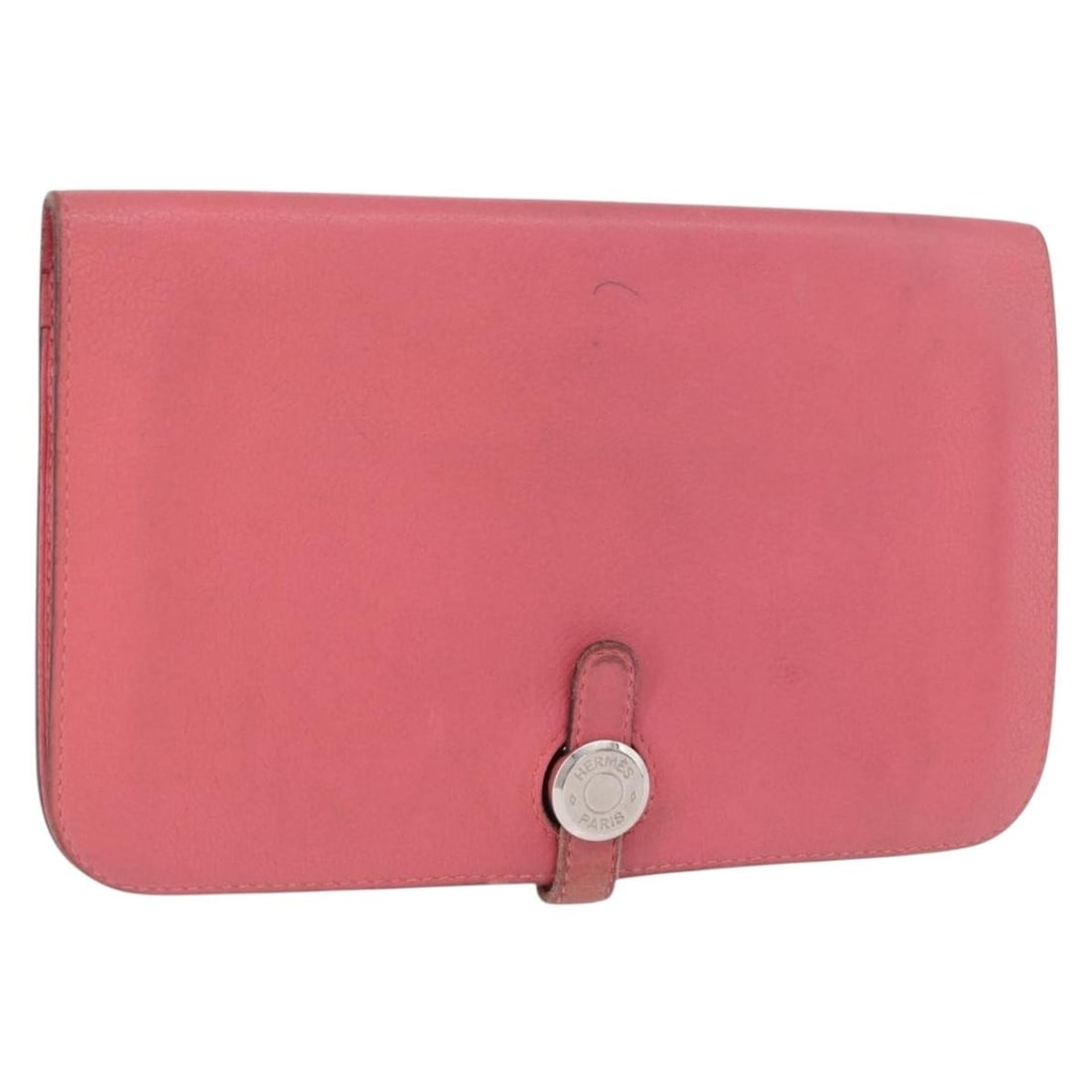 Hermes Dogon GM pink leather long wallet silver tone: Hermes Dogon GM pink leather long wallet silver tone Hermes Dogon GM long wallet in pink and silver leather, made in France. The wallet is described as heavily used, with visible rubbing, sun burn, pa