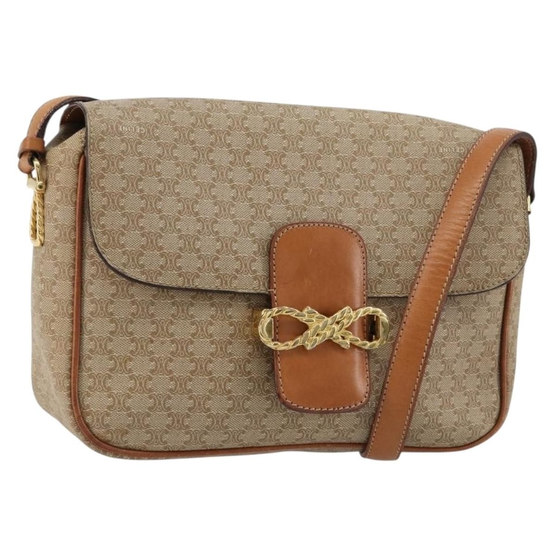 Celine Macadam Shoulder Bag Beige PVC Leather Gold Tone: Celine Macadam Shoulder Bag Beige PVC Leather Gold Tone CELINE shoulder bag in beige and gold, made from PVC leather and Macadam canvas. It features a shoulder strap with an approximate drop of 51 to 