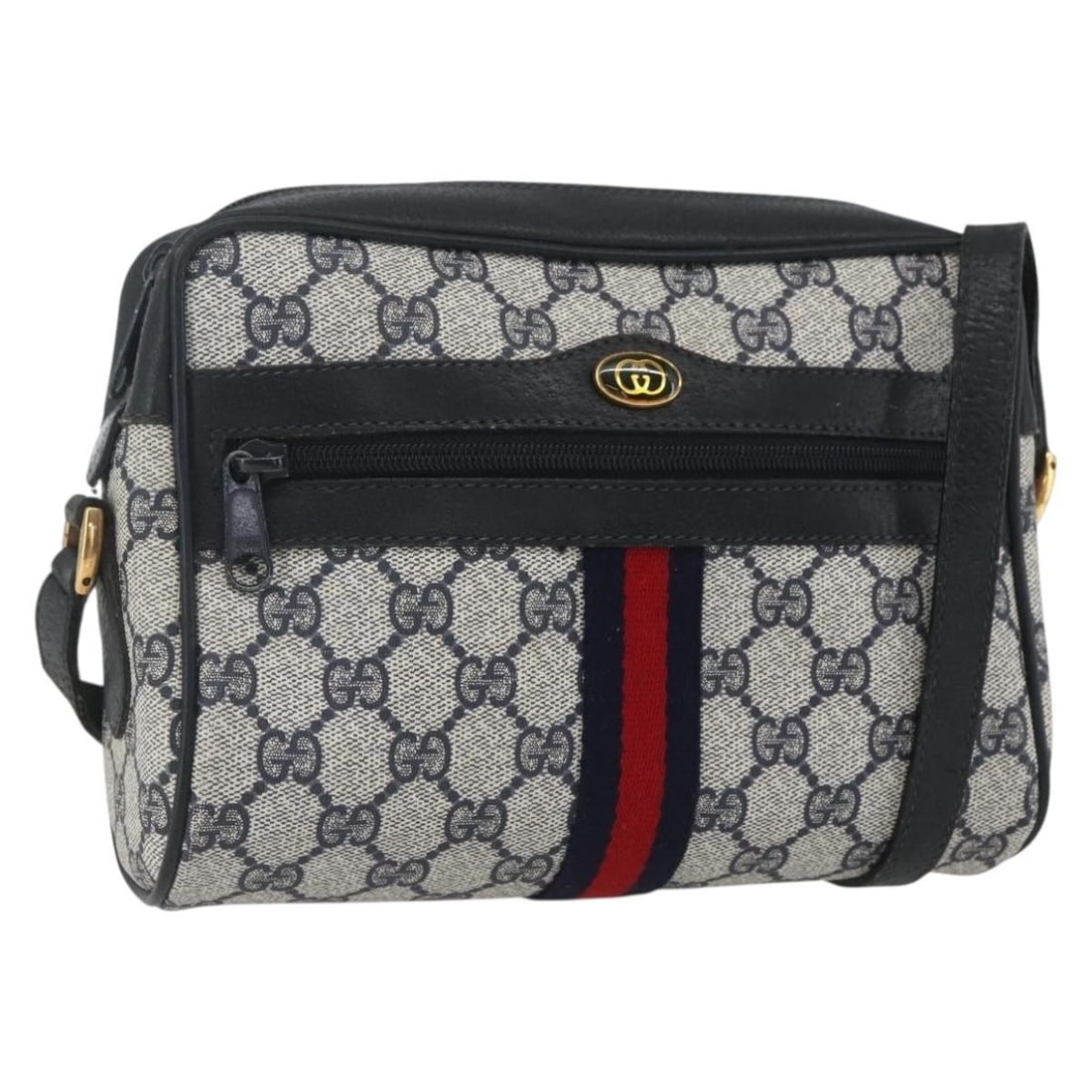 Gucci 56 02 004 Sherry Line GG Supreme PVC Shoulder Bag: Gucci 56 02 004 Sherry Line GG Supreme PVC Shoulder Bag Gucci shoulder bag in Navy, Gold, and Red, made from PVC leather and GG canvas. It was manufactured in Italy and measures approximately 22 cm wi
