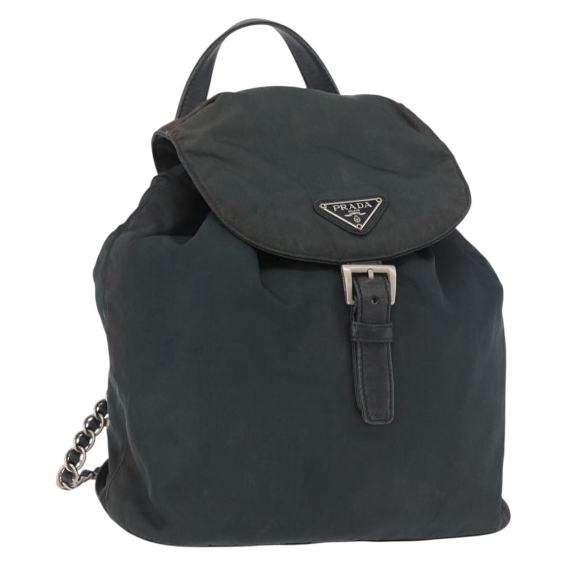 Prada Nylon Backpack Green with Silver Chain Strap Made in Italy: Prada Nylon Backpack Green with Silver Chain Strap Made in Italy A Prada chain shoulder backpack in green and silver, made from nylon. It is an Italy-made backpack with a chain shoulder design and com