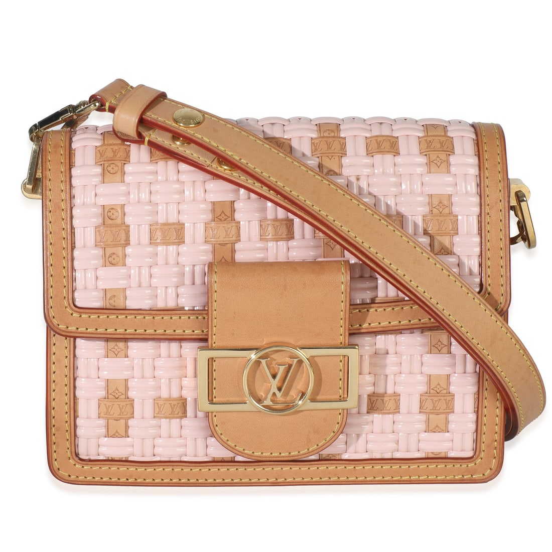 Louis Vuitton Dauphine PM woven leather crossbody shoulder bag pink brown: Louis Vuitton Dauphine PM woven leather crossbody shoulder bag pink brown This Louis Vuitton Dauphine PM is a pre-owned unisex crossbody/shoulder bag crafted in leather with a woven design. It feature