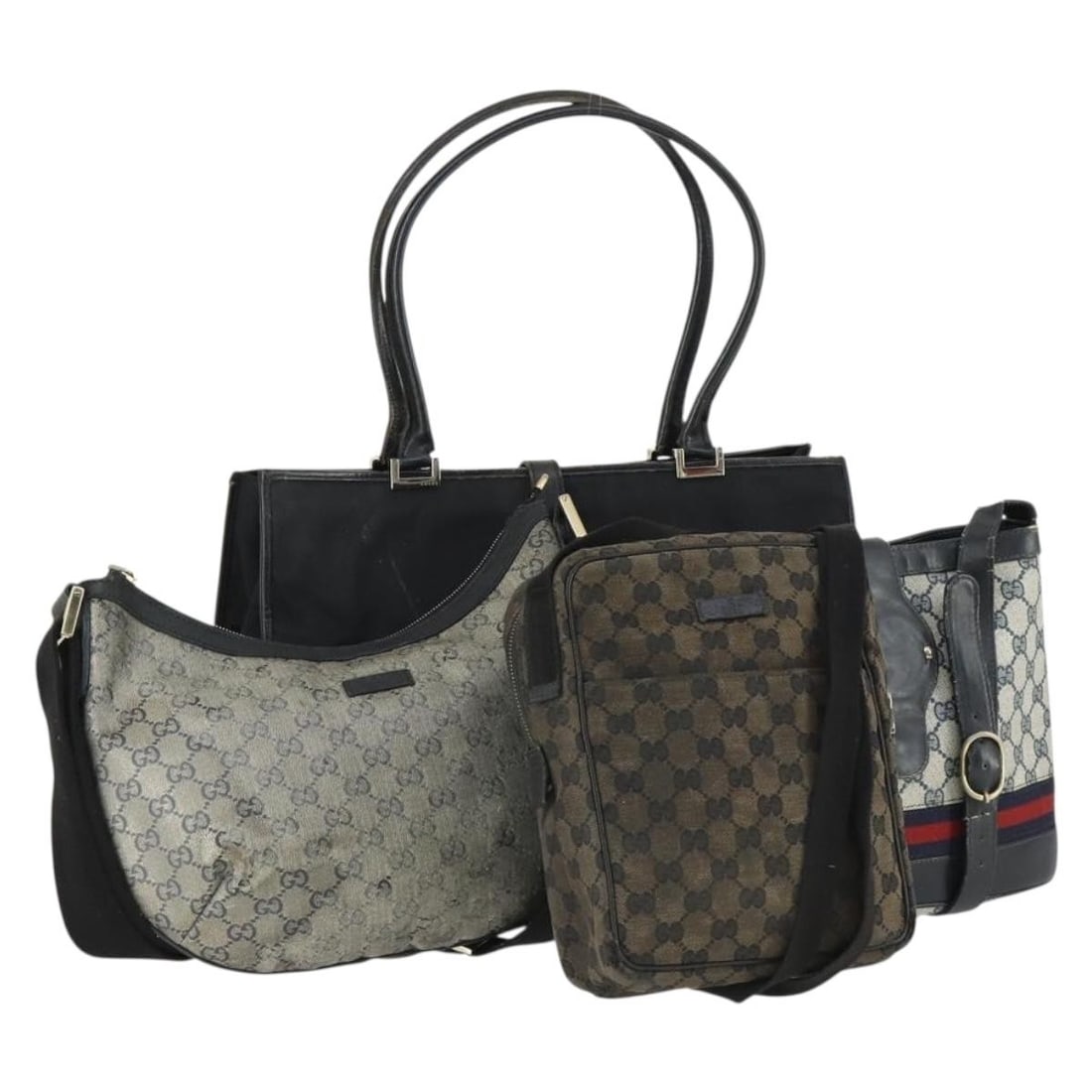 Set of 4 Gucci GG Supreme PVC Leather Shoulder Bags Black Navy: Set of 4 Gucci GG Supreme PVC Leather Shoulder Bags Black Navy This is a Gucci GG Supreme Crystal shoulder bag set in black and navy, crafted from PVC leather and GG canvas. Made in Italy, the set dis