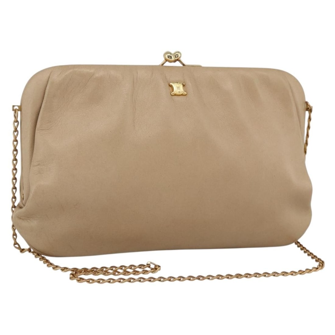 CELINE Beige Leather Shoulder Bag with Gold Chain Made in Italy: CELINE Beige Leather Shoulder Bag with Gold Chain Made in Italy A CELINE chain shoulder bag crafted in leather with a beige and gold exterior. Made in Italy, this women's shoulder bag measures approxi