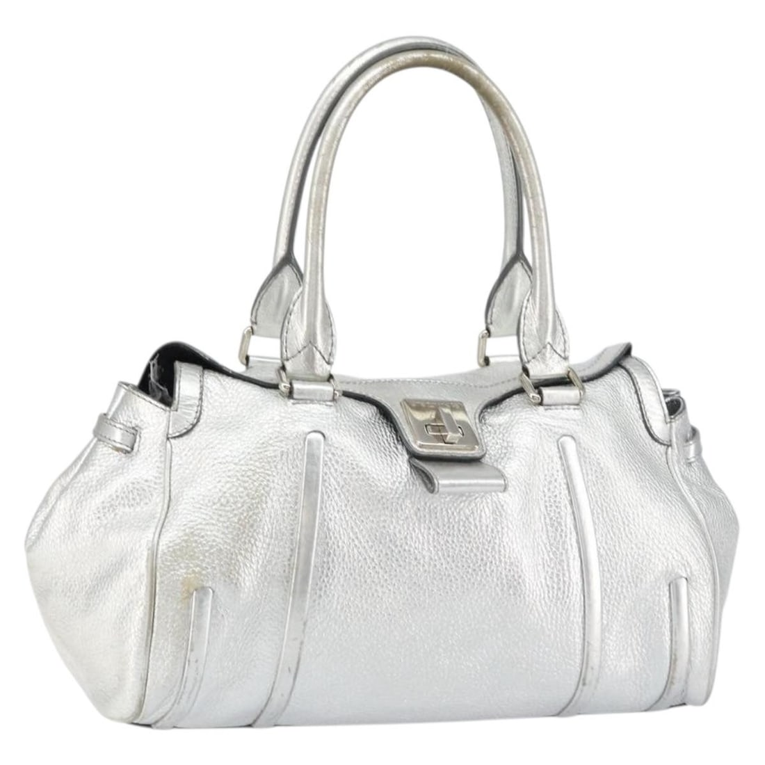 CELINE Silver Leather Handbag Italy 14.2 x 7.1 x 6.3 inch: CELINE Silver Leather Handbag Italy 14.2 x 7.1 x 6.3 inch This CELINE women's handbag is crafted from silver leather and made in Italy. The bag features a spacious interior, a handle with a 7.9-inch (