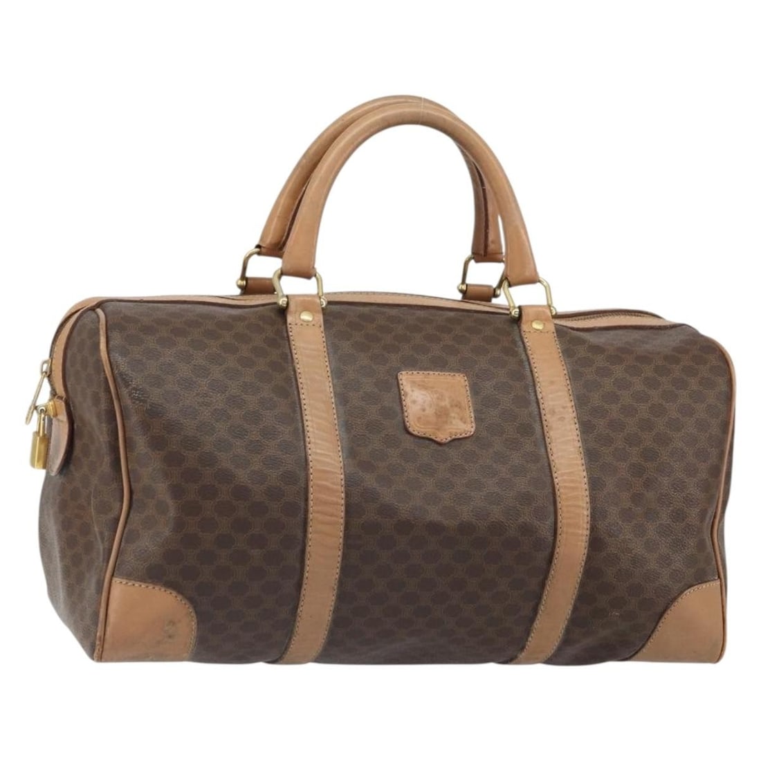 Celine Macadam Canvas PVC Boston Bag Brown Gold with Padlock: Celine Macadam Canvas PVC Boston Bag Brown Gold with Padlock This CELINE Boston bag is crafted from Macadam canvas and PVC leather in a brown and gold color scheme. Made in Italy, it features a spacio