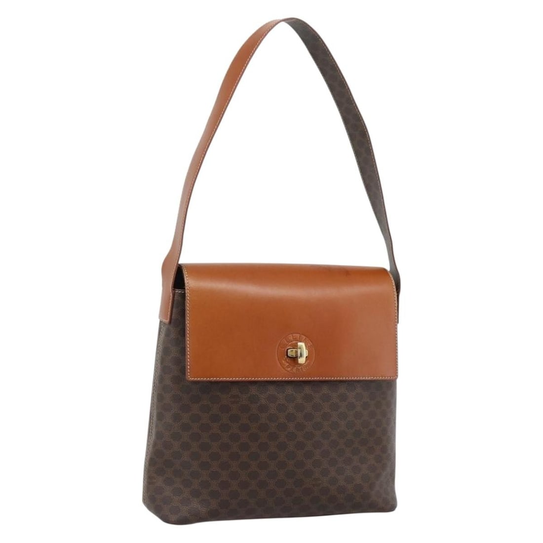 CELINE Macadam Shoulder Bag Brown PVC Leather Gold Tone: CELINE Macadam Shoulder Bag Brown PVC Leather Gold Tone Celine Macadam canvas shoulder bag in brown with gold-tone accents, crafted with PVC leather trim and made in Italy. This women's shoulder bag i