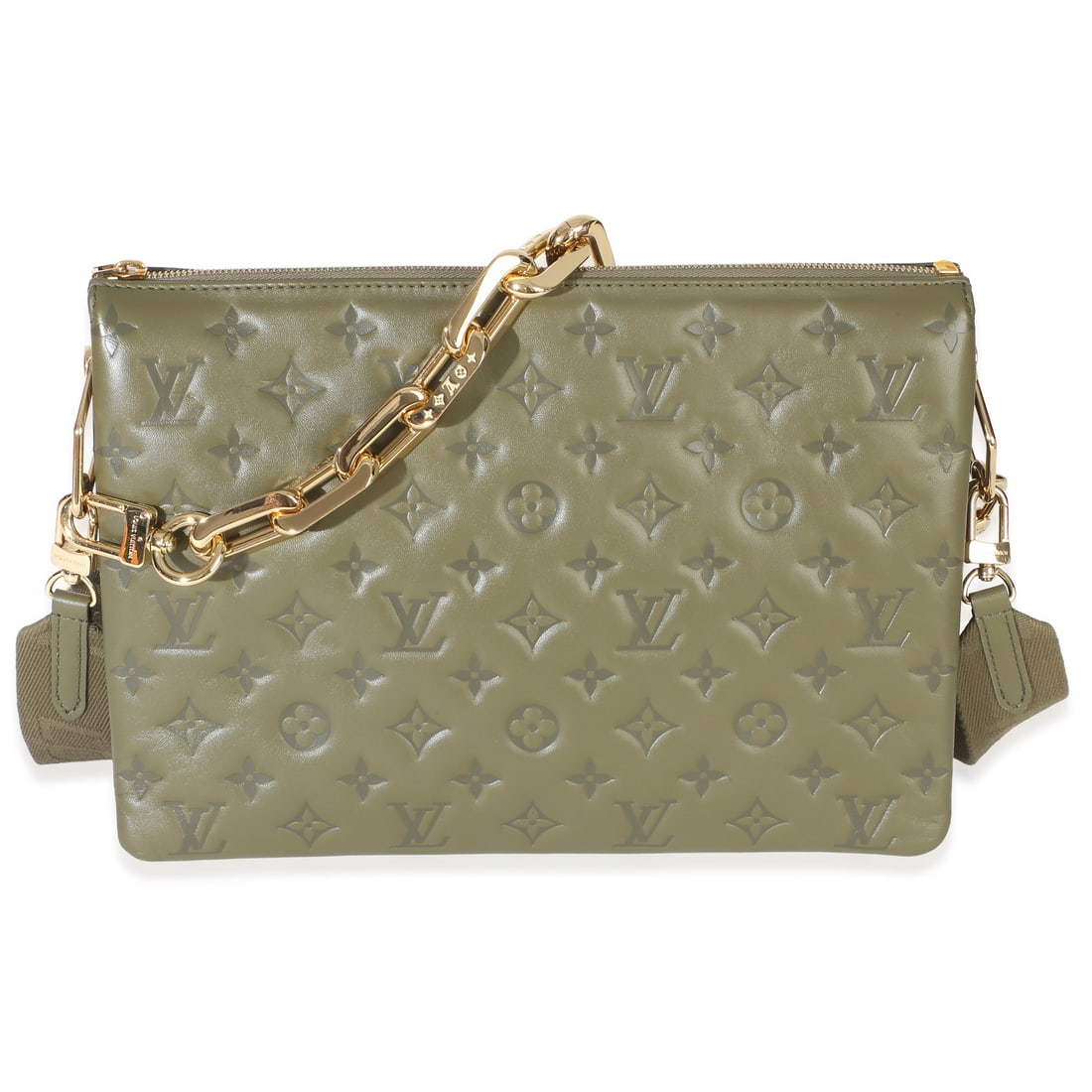 Louis Vuitton Coussin MM green embossed lambskin shoulder bag: Louis Vuitton Coussin MM green embossed lambskin shoulder bag Pre-owned Louis Vuitton Coussin MM shoulder bag in olive green monogram-embossed lambskin leather. This unisex design features a zip-top c