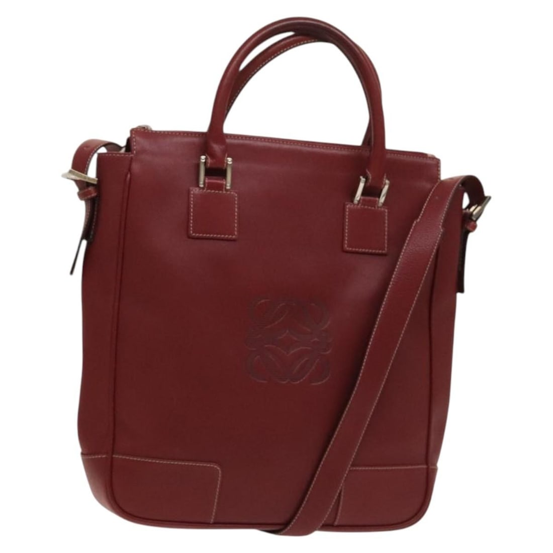 LOEWE Anagram 2way Leather Handbag Red Silver Tone Spain: LOEWE Anagram 2way Leather Handbag Red Silver Tone Spain LOEWE Anagram 2-way handbag in red leather with silver-tone accents. Made in Spain, this women's bag features both top handles and a shoulder s