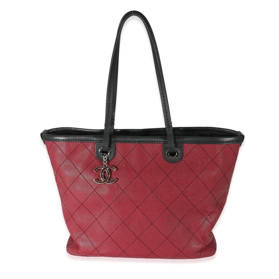 Chanel Fever Tote Red Quilted Leather Shoulder Bag: Chanel Fever Tote Red Quilted Leather Shoulder Bag Burgundy quilted caviar tote bag in pre-owned condition, identified as the Fever Tote model. It features an open top closure, silver-tone hardware, l