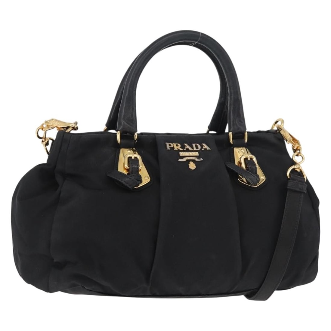 Prada Black Nylon 2way Handbag with Shoulder Strap Gold Tone: Prada Black Nylon 2way Handbag with Shoulder Strap Gold Tone A Prada 2way handbag in black and gold, made of nylon and crafted in Italy. It comes with a shoulder strap and features a structured handba